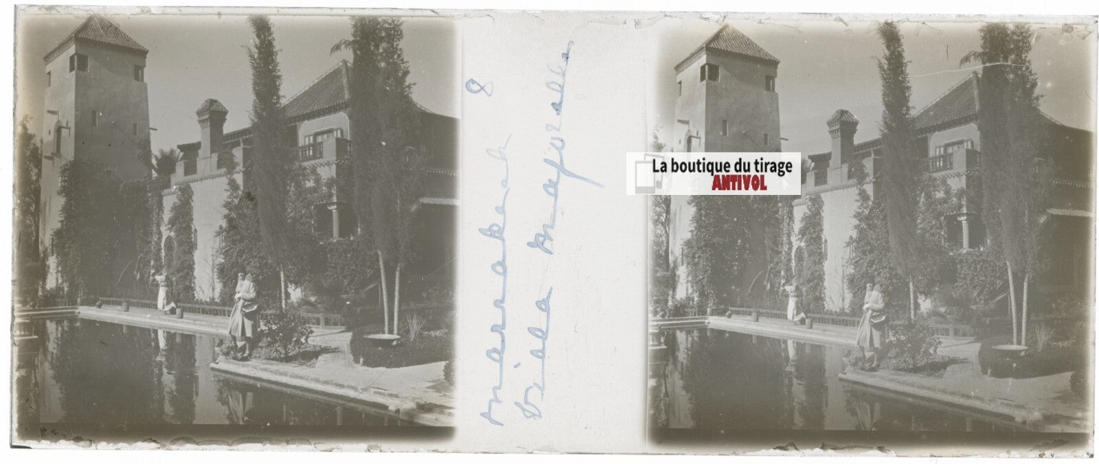 Majorelle, Marrakech, Plaque verre stéréo, positif noir & blanc 4,5x10,7 cm