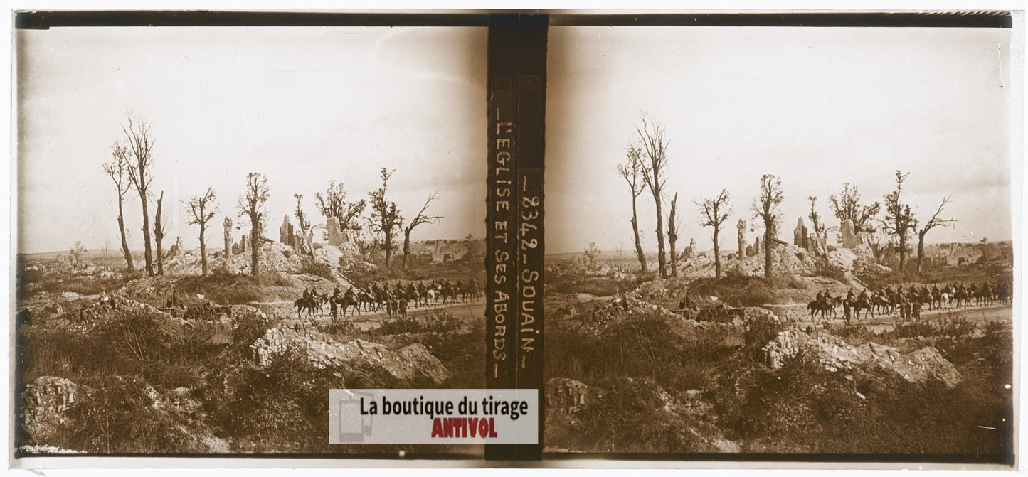 Souain, église en ruine, guerre WW1, plaque verre photo ancienne stéréo 6x13 cm