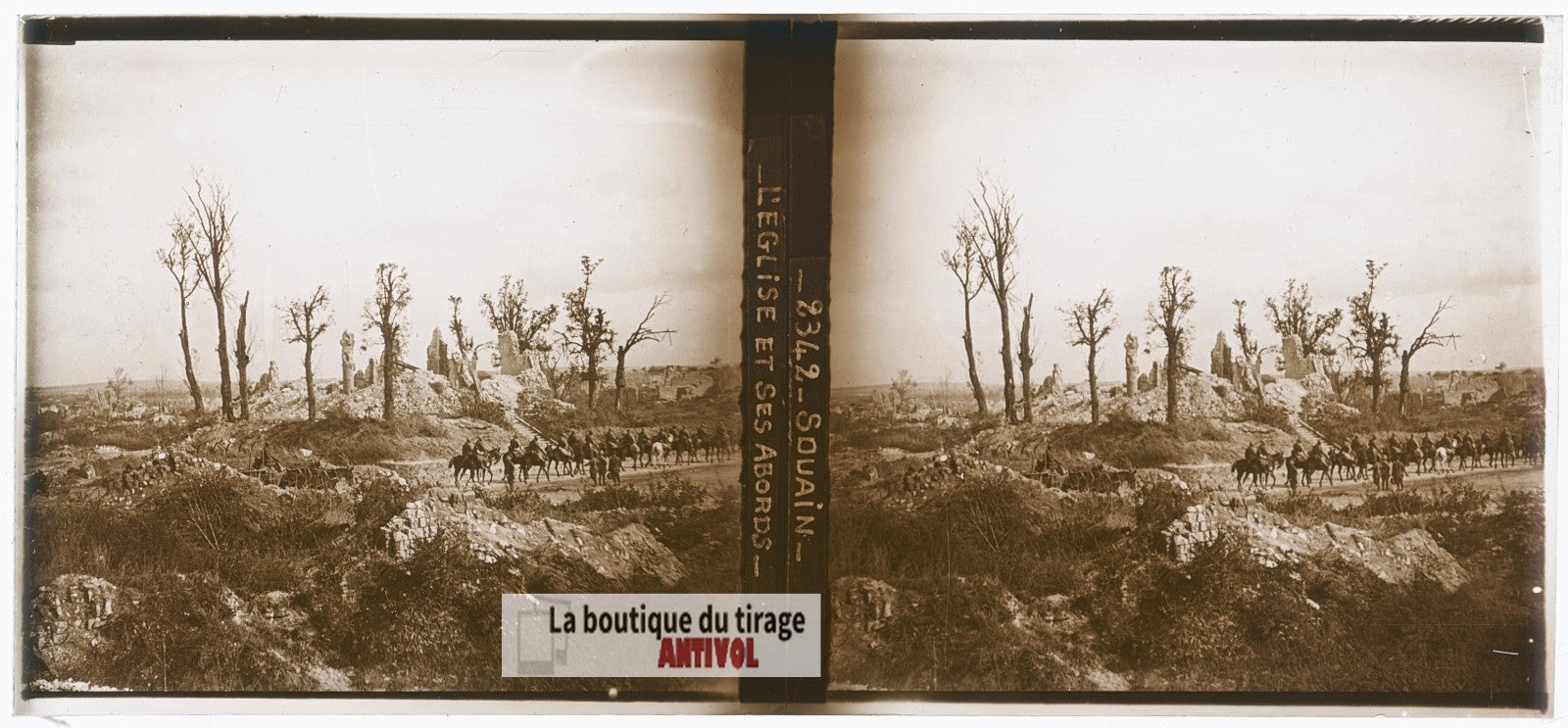 Souain, église en ruine, guerre WW1, plaque verre photo ancienne stéréo 6x13 cm