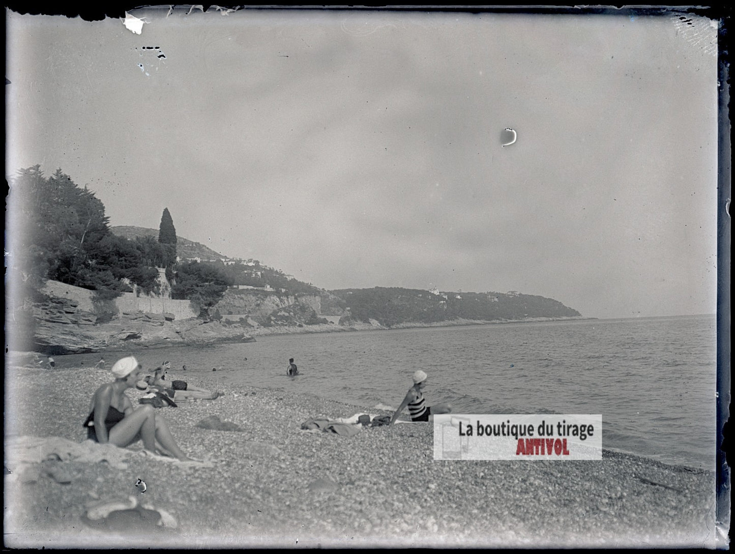 Plage de la Côte d'Azur, baignade, plaque verre photo ancienne, négatif 9x12 cm