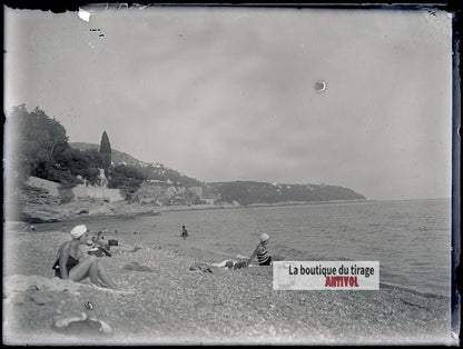 Plage de la Côte d'Azur, baignade, plaque verre photo ancienne, négatif 9x12 cm