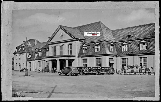 Plaque verre photo, négatif noir & blanc 9x14 cm, Sarrebourg, la Gare, voitures