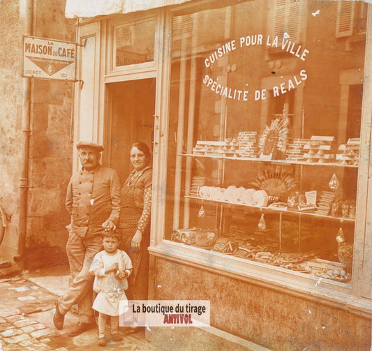 Epicerie, commerce quartier, Réals, plaque verre photo ancienne stéréo 6x13 cm