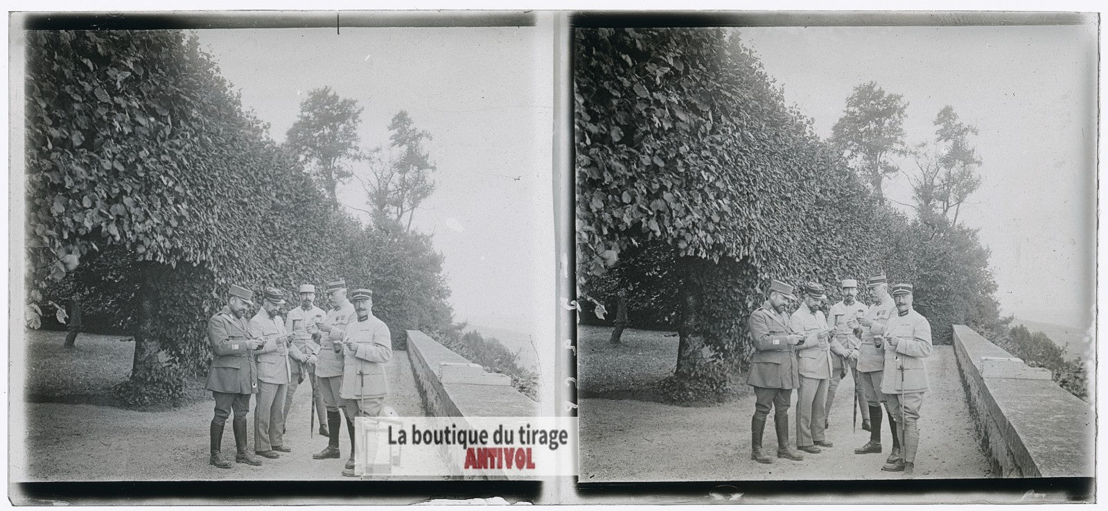 Officiers français, courrier, WW1, plaque verre photo ancienne stéréo 6x13 cm