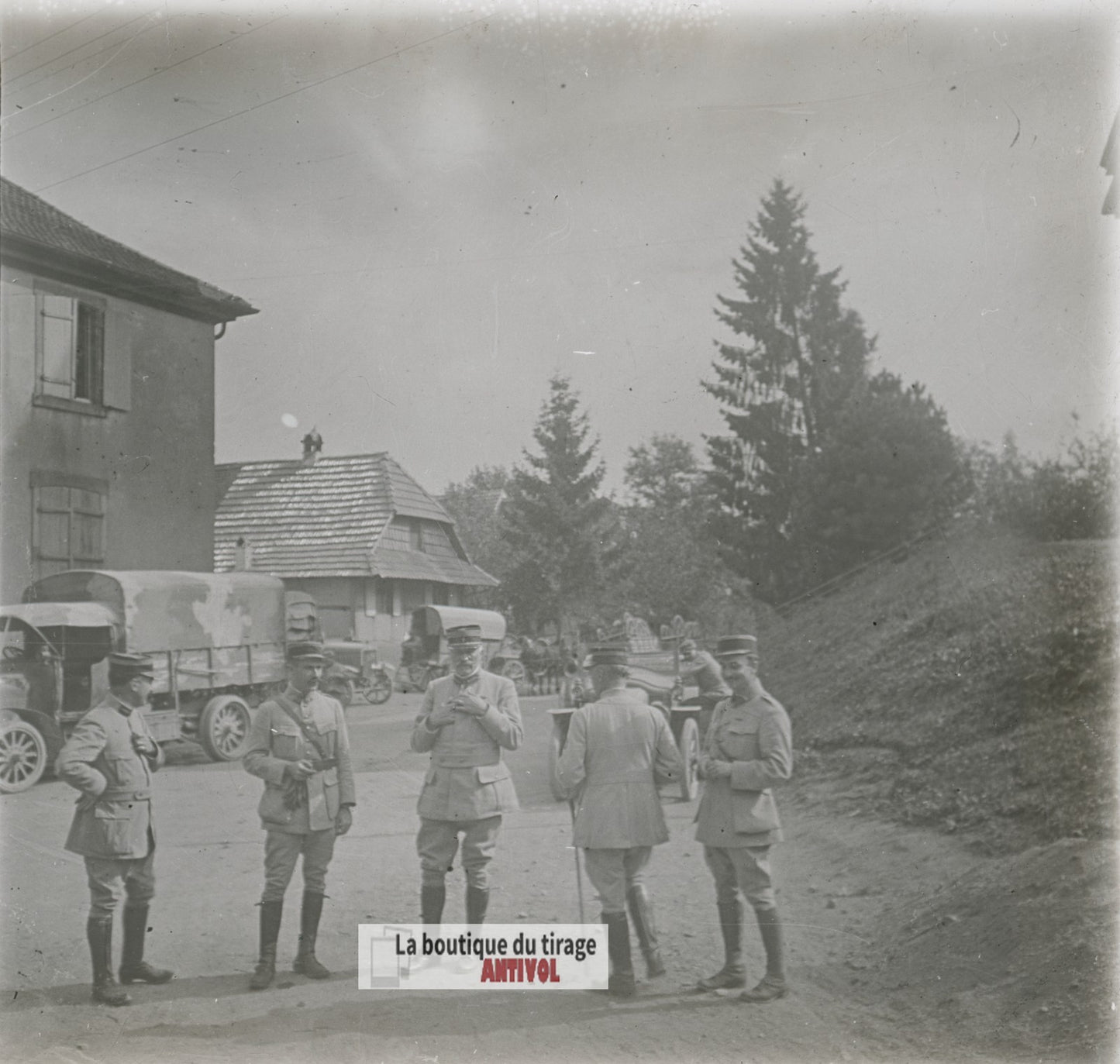 Régiment, camion, soldats WW1, plaque verre photo ancienne stéréo 6x13 cm