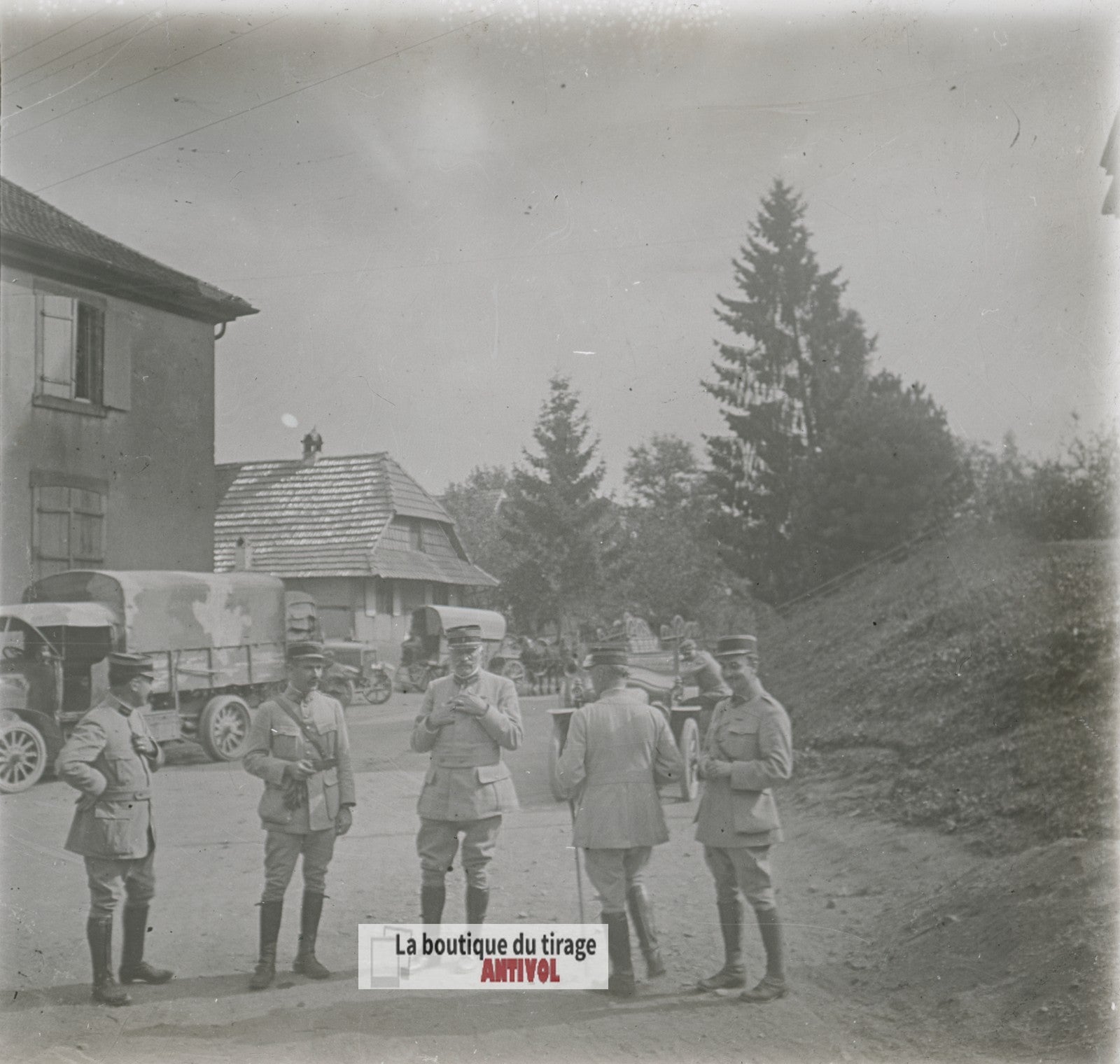 Régiment, camion, soldats WW1, plaque verre photo ancienne stéréo 6x13 cm