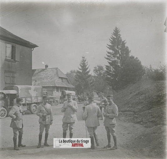Régiment, camion, soldats WW1, plaque verre photo ancienne stéréo 6x13 cm
