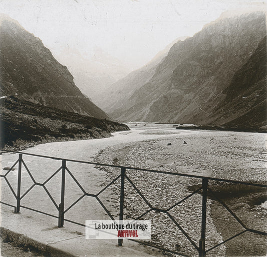 Vallée Romanche, Bourg-d’Oisans, plaque verre photo ancienne stéréo 6x13 cm