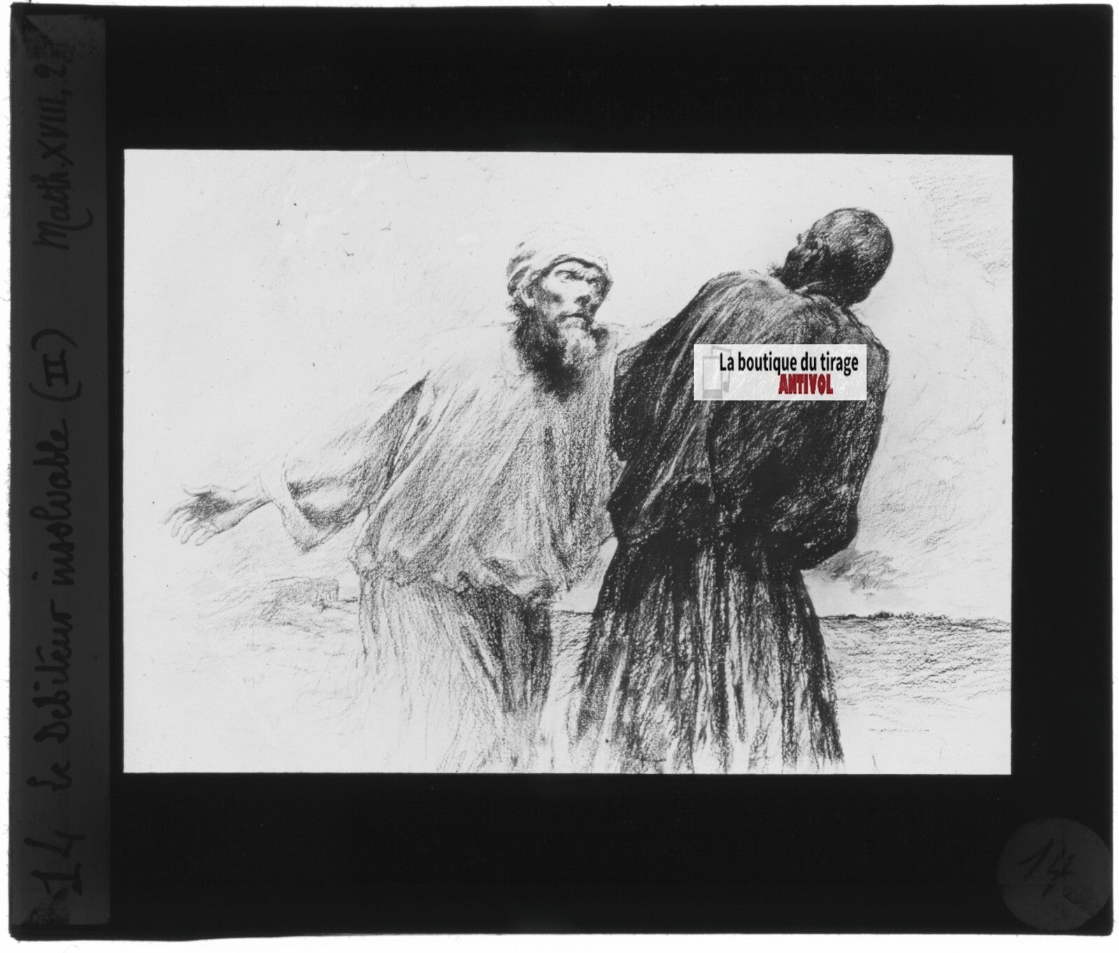 Matthieu, scène religieuse, dessin peinture plaque de verre, positif 8,5x10 cm