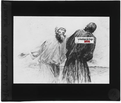 Matthieu, scène religieuse, dessin peinture plaque de verre, positif 8,5x10 cm