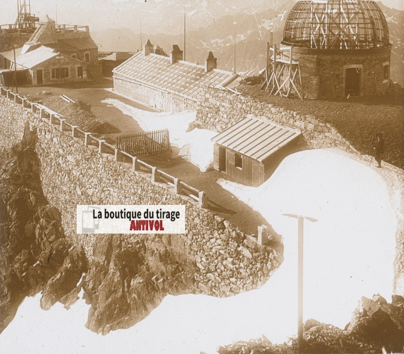 Pic du Midi de Bigorre, plaque verre photo stéréo, sépia 6x13 cm