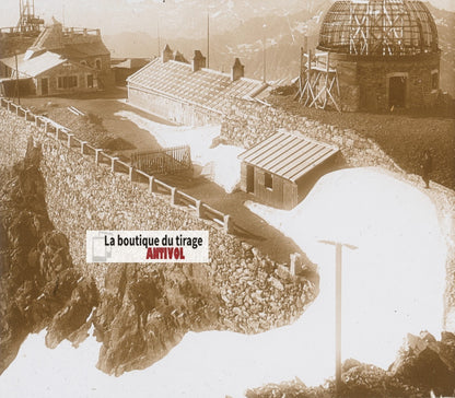 Pic du Midi de Bigorre, plaque verre photo stéréo, sépia 6x13 cm