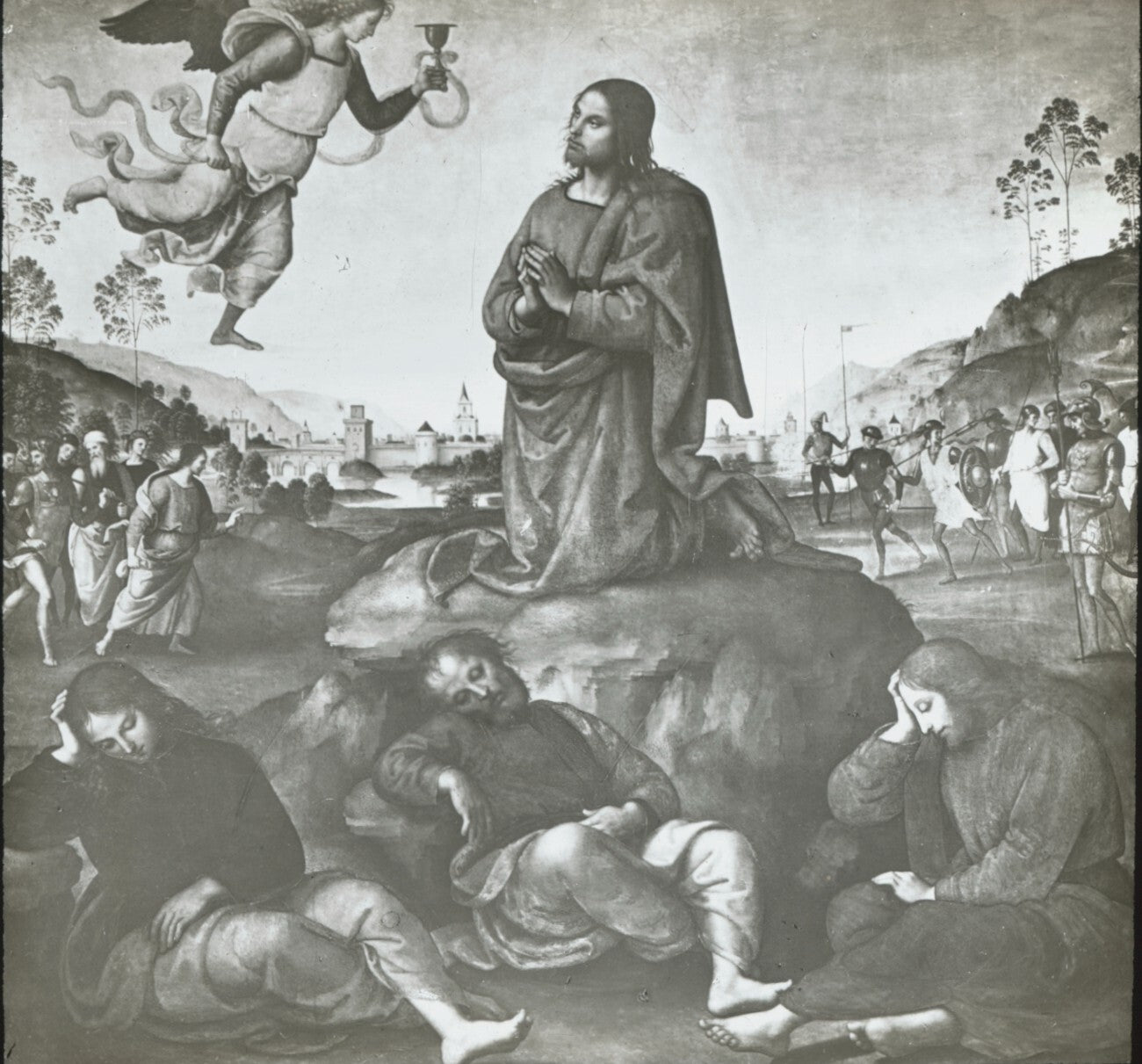 Le Christ au Jardin des Oliviers, dessin, plaque verre, positif 8,5x10 cm