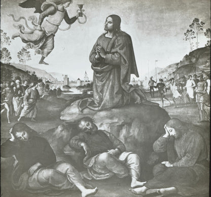 Le Christ au Jardin des Oliviers, dessin, plaque verre, positif 8,5x10 cm