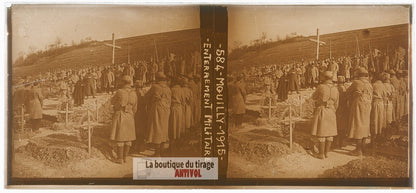 Mouilly, enterrement, guerre WW1, plaque verre photo ancienne stéréo 6x13 cm