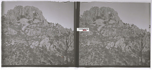 Rocher, montagne , Plaque verre photo stéréo, positif noir & blanc 6x13 cm