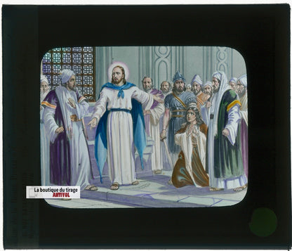 Jésus et la femme adultère, dessin, plaque verre ancienne, couleur 8,5x10 cm