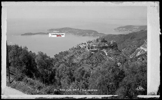 Plaque verre photo ancienne négatif noir & blanc 9x14 cm, Èze + tirage papier