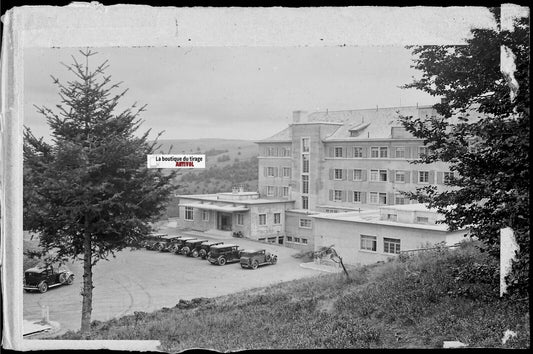 Plaque verre photo, négatif noir & blanc 9x14 cm, grand Hôtel Markstein, voiture