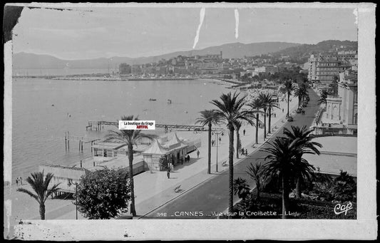 Plaque verre photo ancienne, négatif noir & blanc 9x14 cm, Cannes, La Croisette