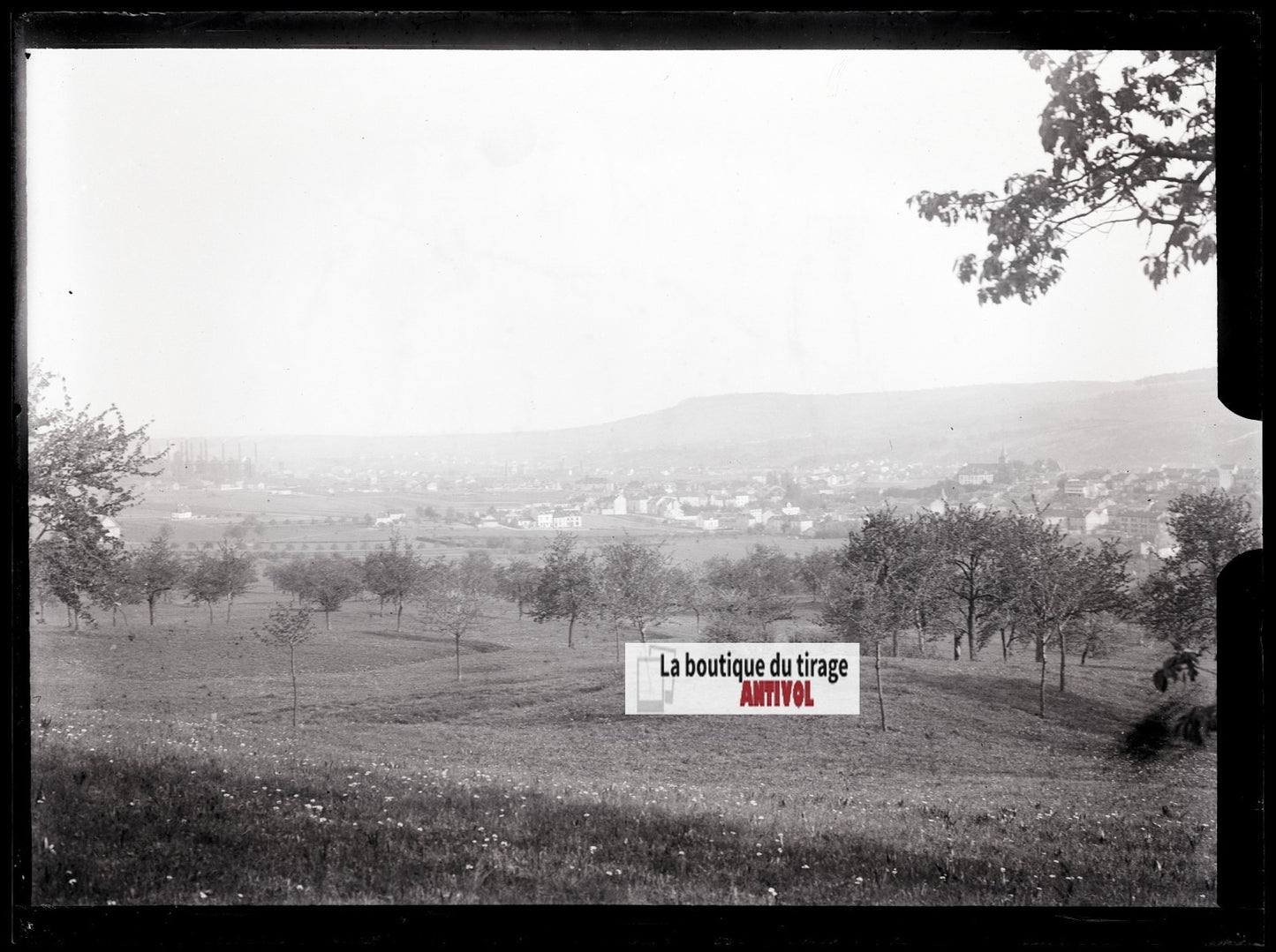 Paysage, village, photo ancienne plaque verre, négatif noir & blanc, 9x12 cm