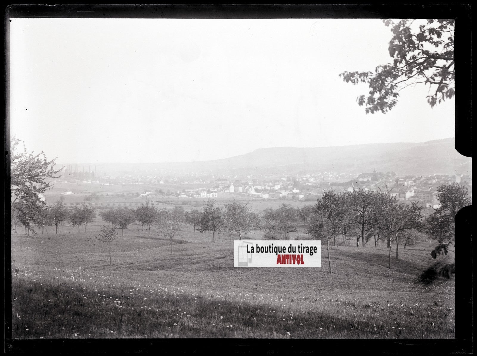 Paysage, village, photo ancienne plaque verre, négatif noir & blanc, 9x12 cm