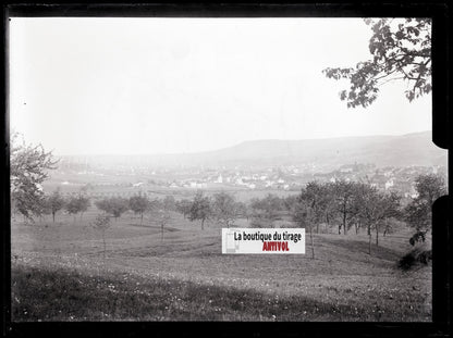 Paysage, village, photo ancienne plaque verre, négatif noir & blanc, 9x12 cm