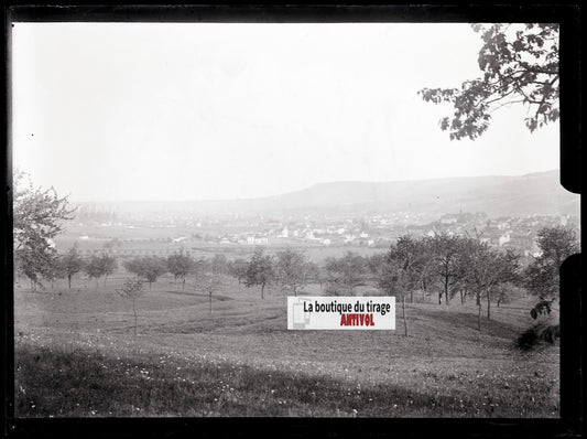 Paysage, village, photo ancienne plaque verre, négatif noir & blanc, 9x12 cm