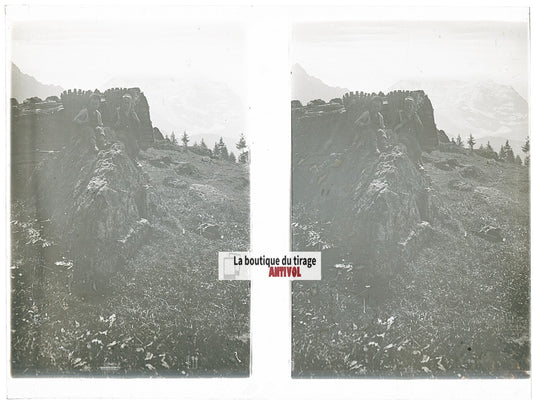 Enfants, Alpes Suisse, stéréo photo plaque verre, noir & blanc, 9x12 cm
