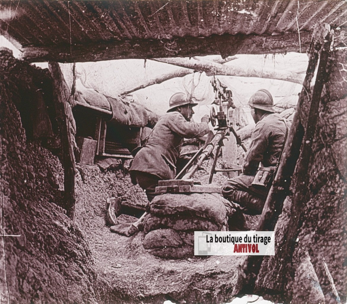 Mitrailleuse, soldats, WW1, plaque verre stéréo, photo ancienne 4,5x10,7 cm