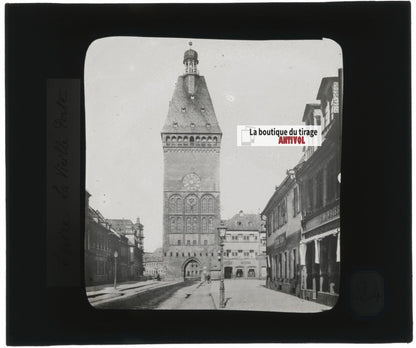 Am Altpörtel, Spire, Allemagne, photo plaque verre, positif 8,5x10 cm