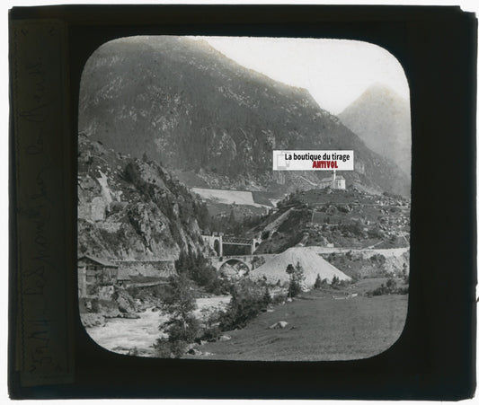 Wassen, Suisse, montagne, photo plaque verre, noir & blanc, positif 8,5x10 cm