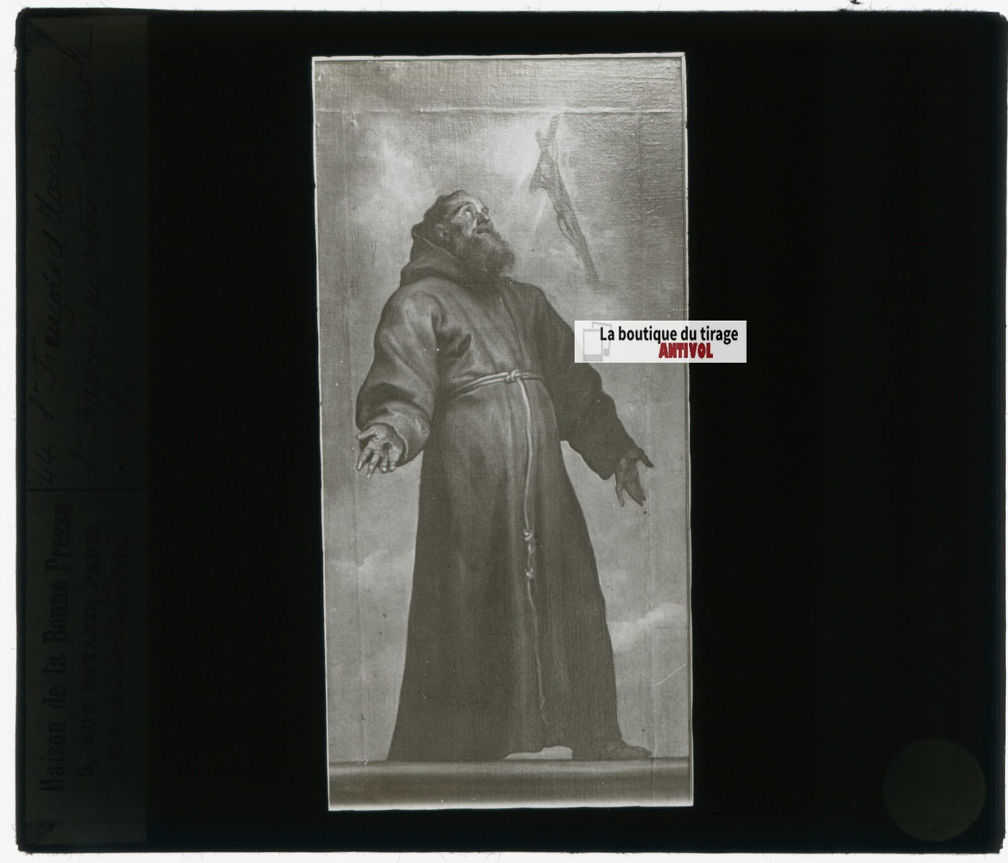 François d'Assise, dessin, plaque de verre, noir & blanc, positif 8,5x10 cm