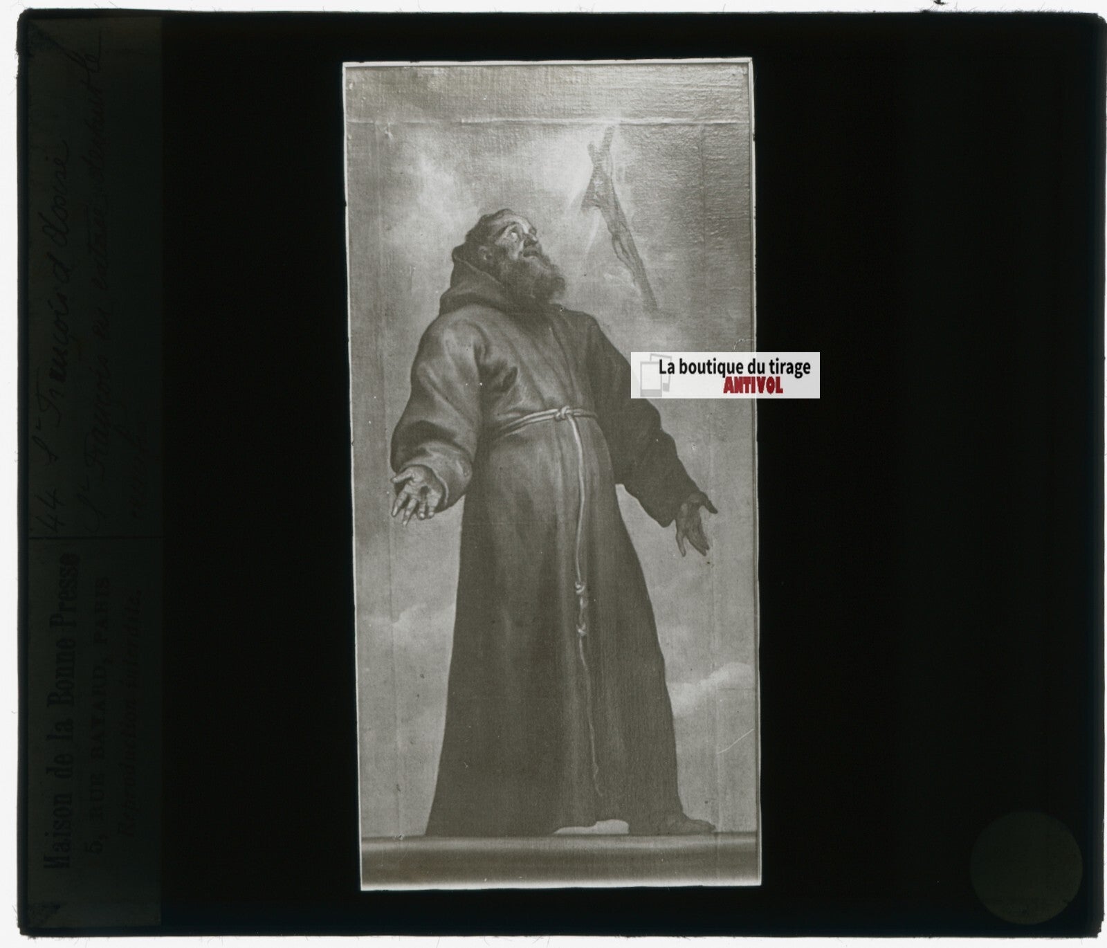 François d'Assise, dessin, plaque de verre, noir & blanc, positif 8,5x10 cm