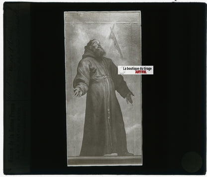 François d'Assise, dessin, plaque de verre, noir & blanc, positif 8,5x10 cm