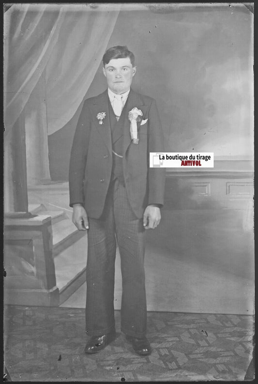 Homme personnage, Plaque verre photo ancienne, négatif noir & blanc 10x15 cm