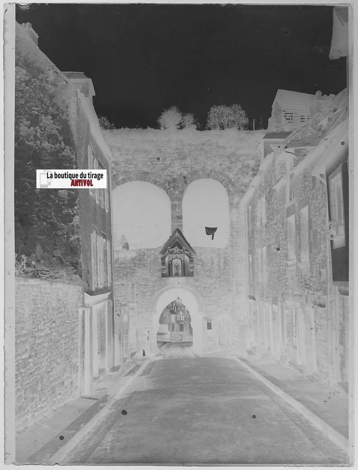 Dinan, Porte du Jerzual, Plaque verre photo, négatif noir & blanc 9x12 cm