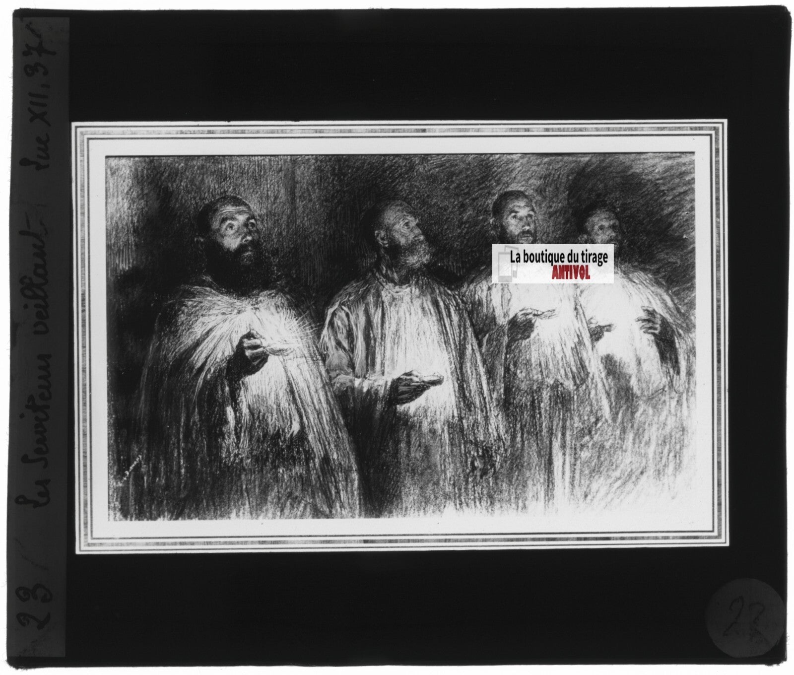 Luc, scène religieuse, dessin peinture plaque de verre, positif 8,5x10 cm