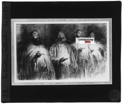 Luc, scène religieuse, dessin peinture plaque de verre, positif 8,5x10 cm