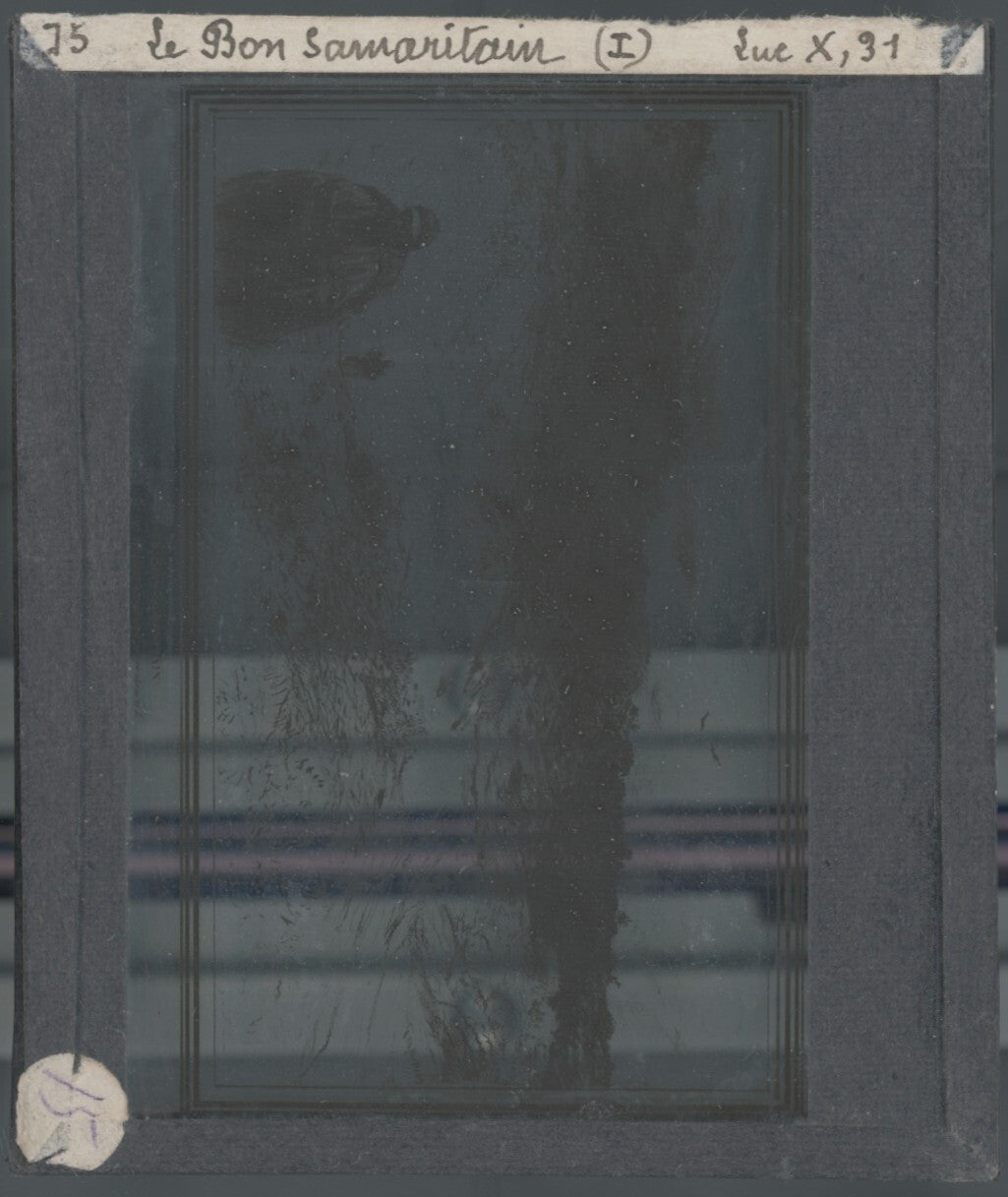 Luc, scène religieuse, dessin peinture plaque de verre, positif 8,5x10 cm