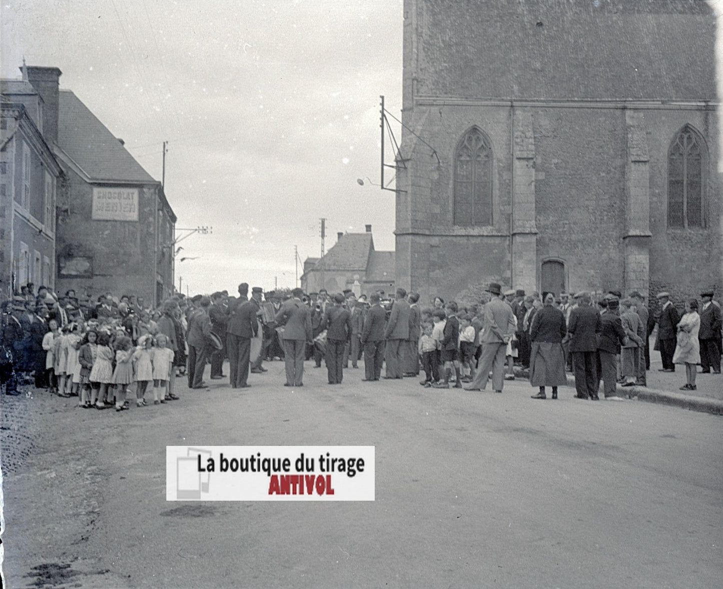 Fête de village, France, plaque verre, photo ancienne, négatif N&B 6x13 cm