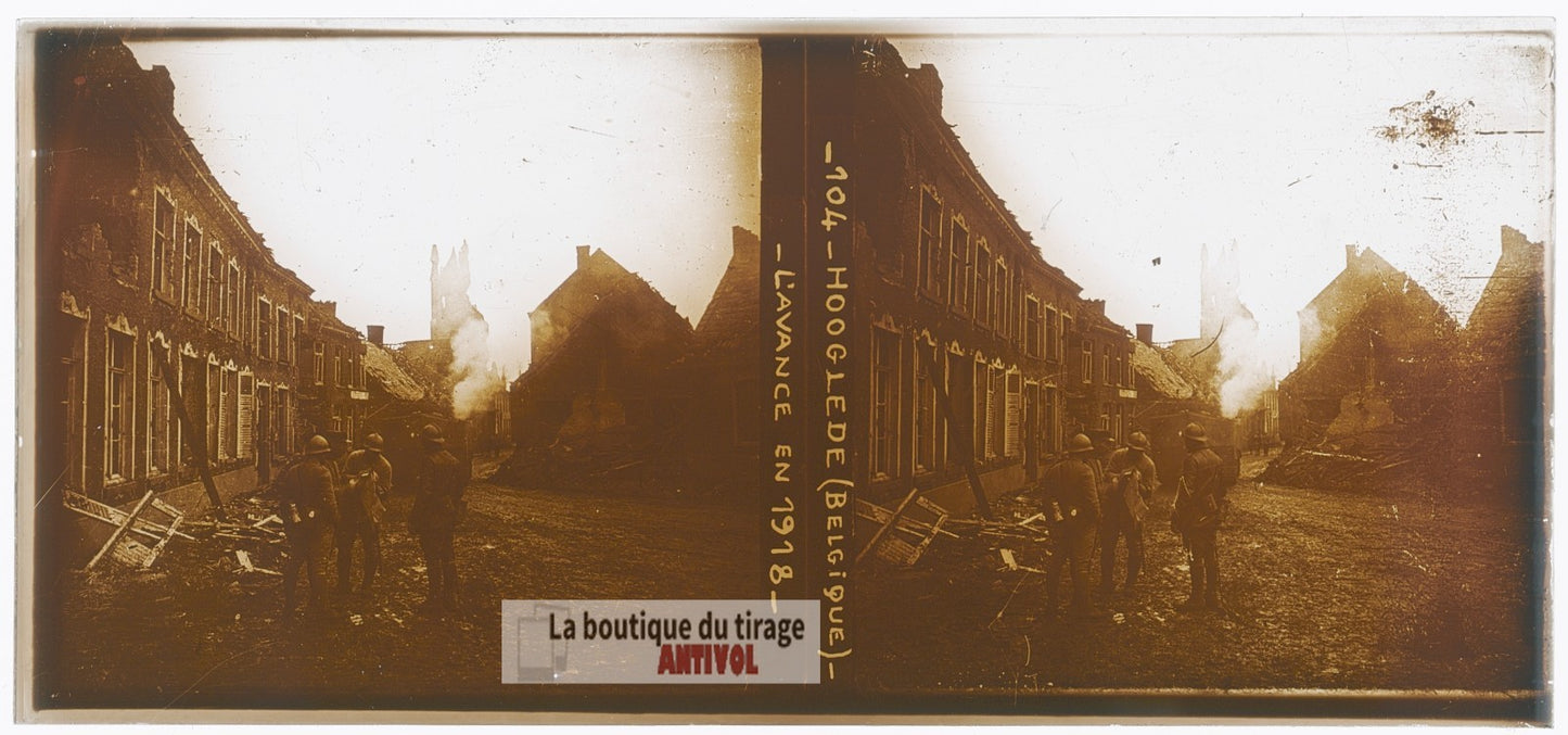 Hooglede, Belgique, guerre WW1, plaque verre photo ancienne stéréo 6x13 cm