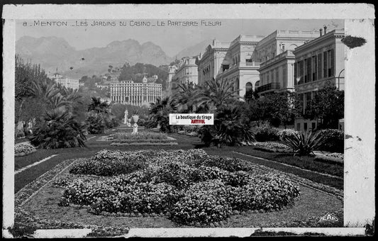 Plaque verre photo, négatif noir & blanc 9x14 cm, Menton, les jardins du Casino