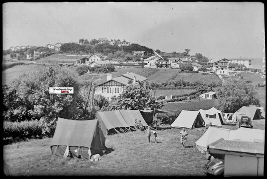 Bidart camping, Plaque verre photo ancienne, négatif noir & blanc 10x15 cm