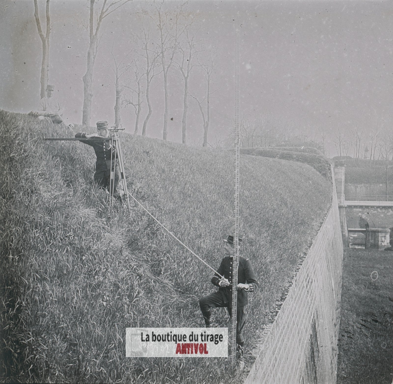 Exercices du génie militaire, plaque verre stéréo, photo ancienne 4,5x10,7 cm