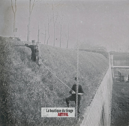Exercices du génie militaire, plaque verre stéréo, photo ancienne 4,5x10,7 cm