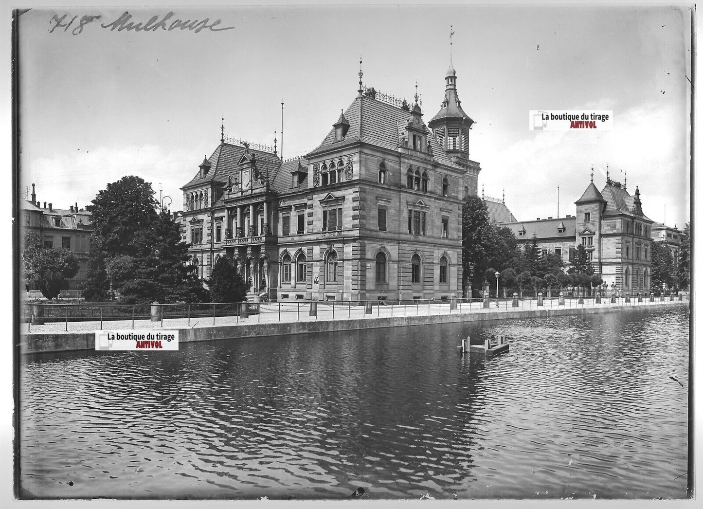 Plaque verre photo ancienne positif noir et blanc 13x18 cm Mulhouse canal