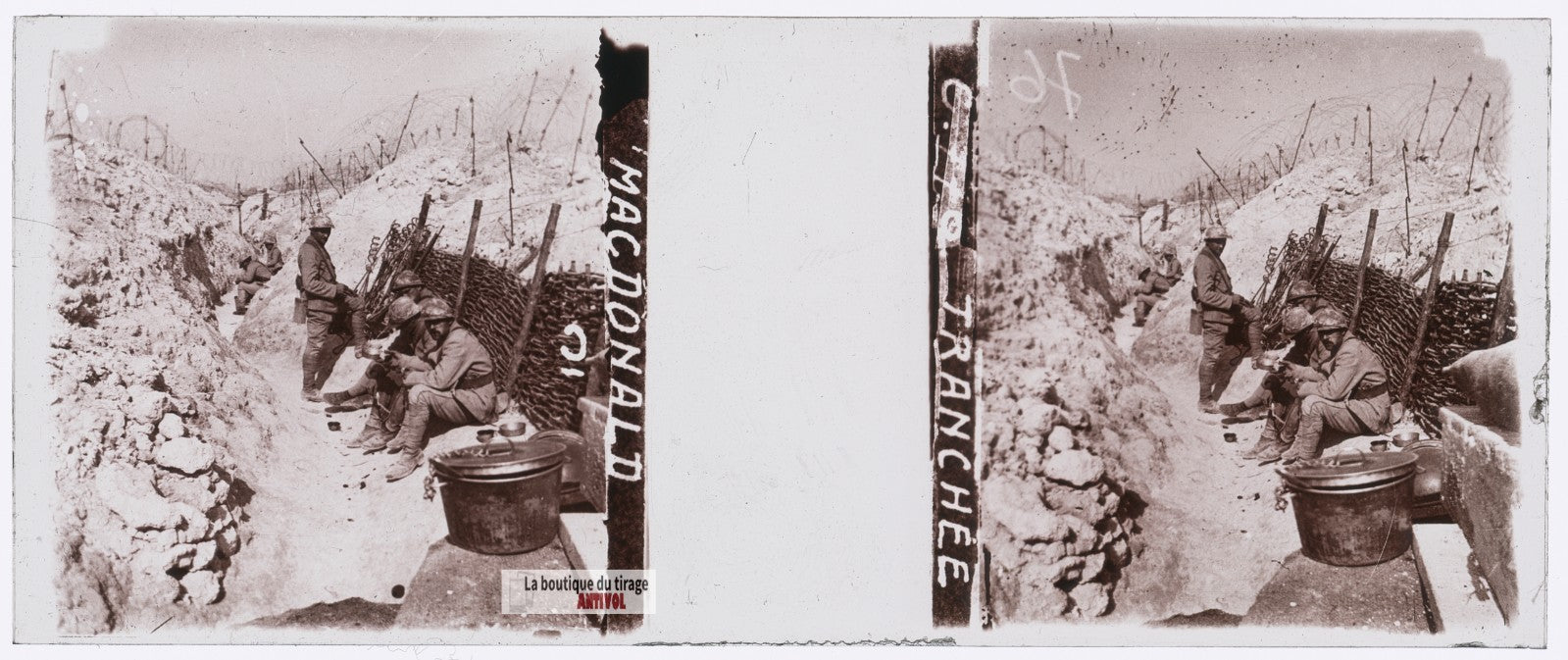 Tranchée Macdonald Mont Têtu, guerre WW1, plaque verre stéréo, photo 4,5x10,7 cm