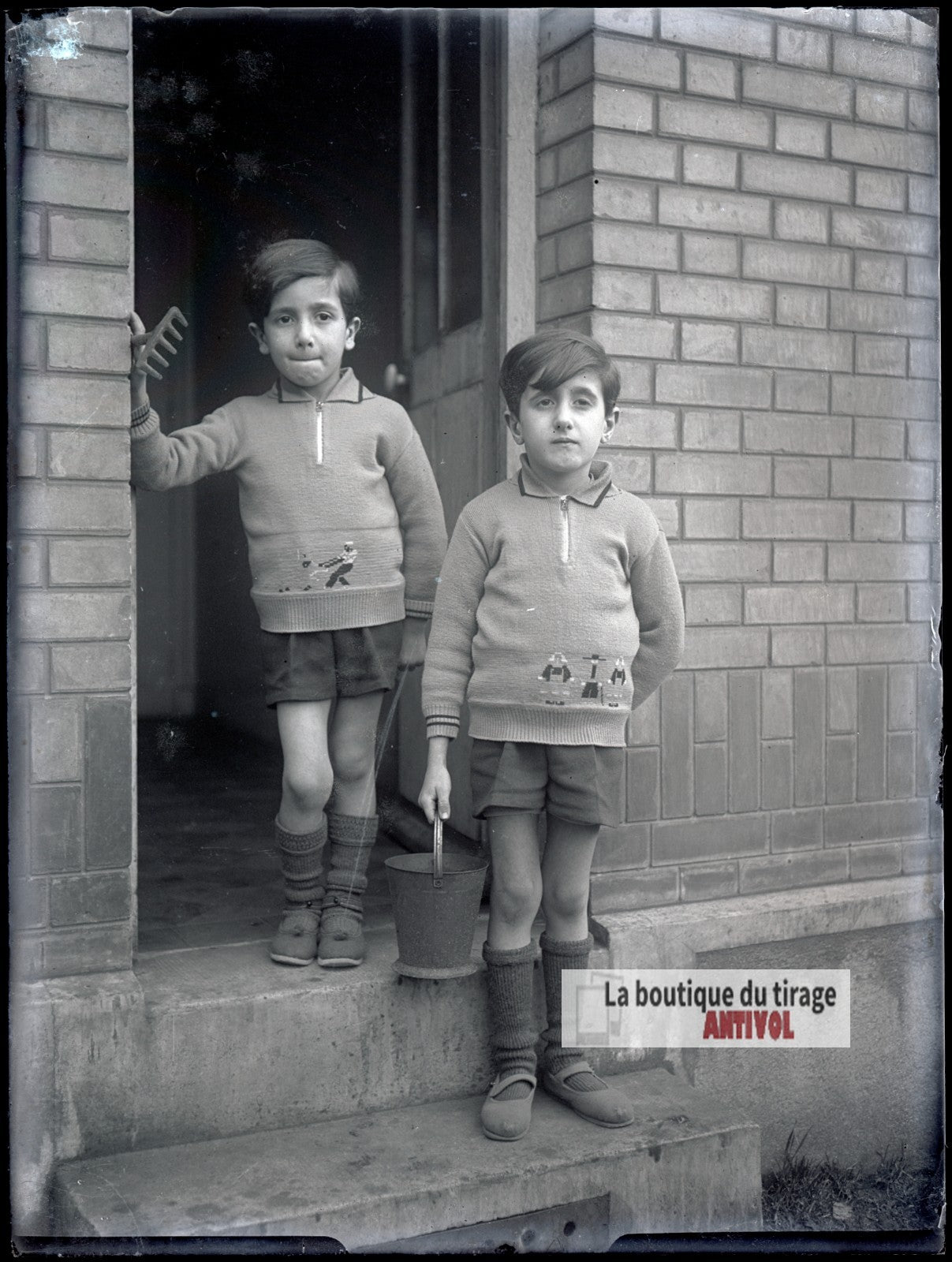 Portrait de deux jeunes garçons, plaque verre photo ancienne, négatif 9x12 cm