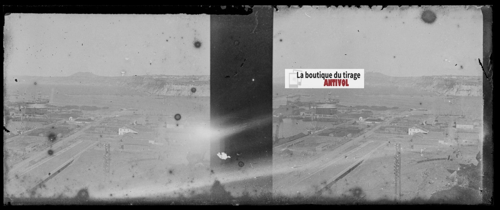Port d'Oran, Algérie, Plaque verre stéréo, négatif noir & blanc 4,5x10,7 cm